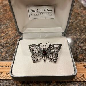 Sterling Silver 925 Butterfly Brooch with Red Gem